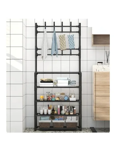 Cuier metalic cu rafturi, raft de organizare, Negru