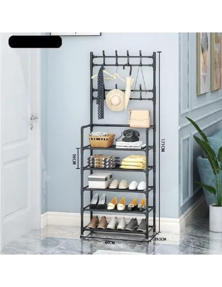 Cuier metalic cu rafturi, raft de organizare, Negru