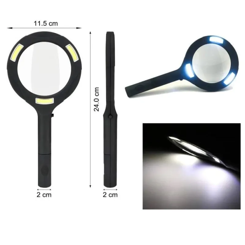 Lupa 3 leduri COB LED putere de marire 3X, diametru lentila 85 mm , 250 Lumeni , 2 Baterii AA