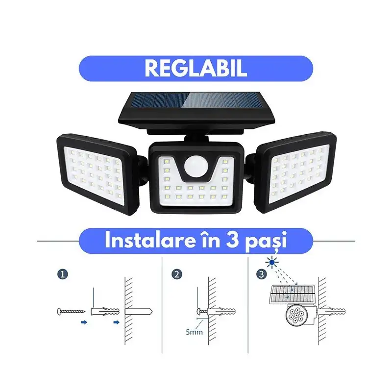 Set 4 lampi solare triple , pentru exterior, cu senzor de miscare, rezistente la apa