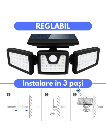 Set 4 lampi solare triple , pentru exterior, cu senzor de miscare, rezistente la apa