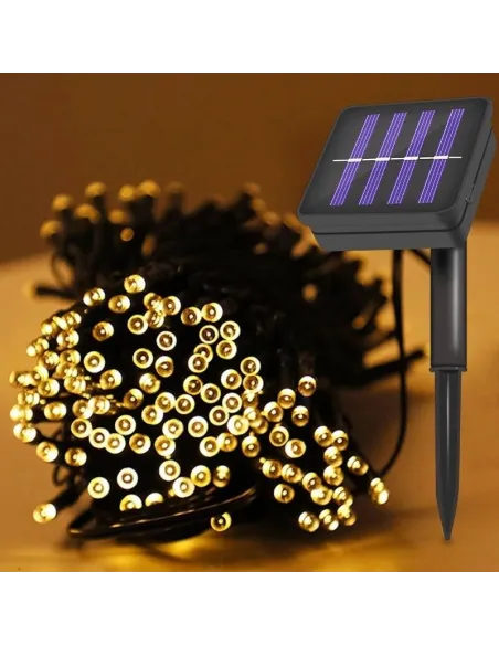 Instalatie solara decorativa, 100 LED-uri, alb cald, 12 m, 2 moduri iluminare