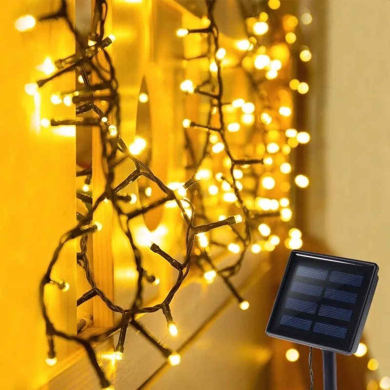 Instalatie solara decorativa, 100 LED-uri, alb cald, 12 m, 2 moduri iluminare