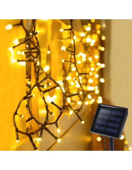Instalatie solara decorativa, 100 LED-uri, alb cald, 12 m, 2 moduri iluminare