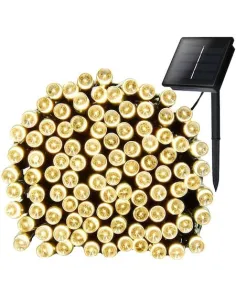 Instalatie solara decorativa, 100 LED-uri, alb cald, 12 m, 2 moduri iluminare