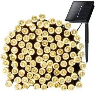 Instalatie solara decorativa, 100 LED-uri, alb cald, 12 m, 2 moduri iluminare