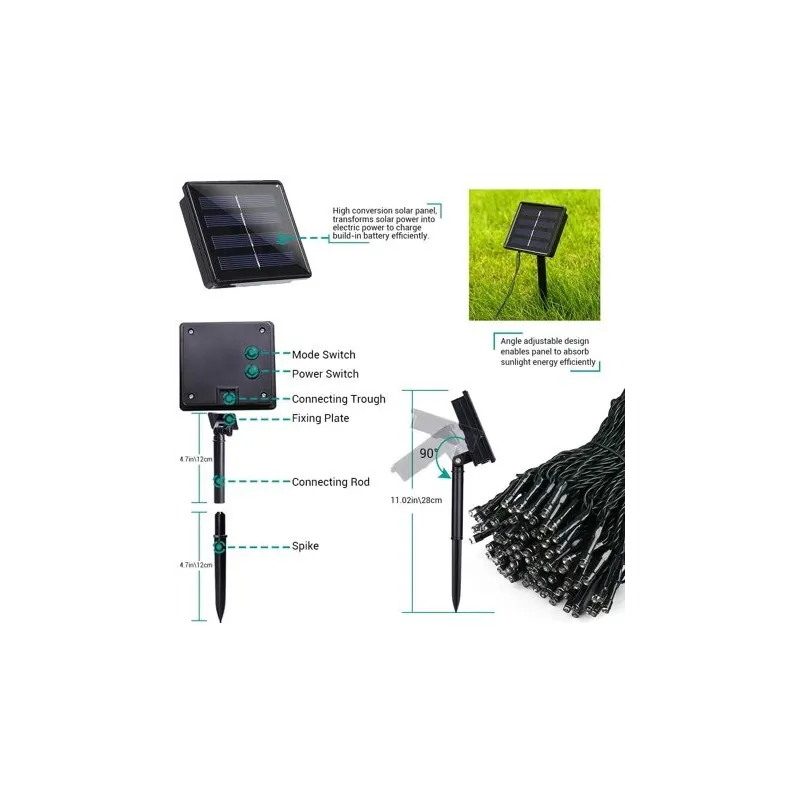 Instalatie solara decorativa, 100 LED-uri, alb rece, 12 m, 2 moduri iluminare