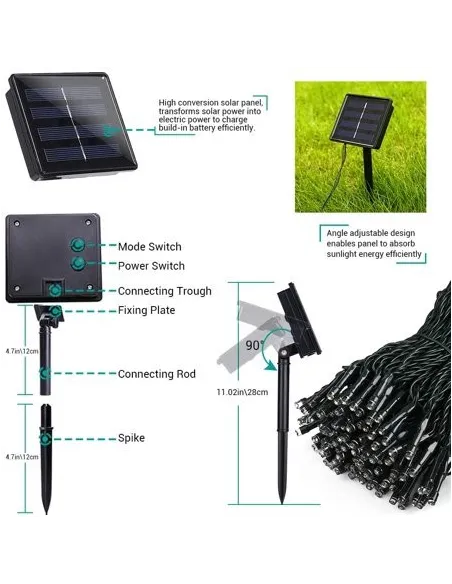 Instalatie solara decorativa, 100 LED-uri, alb rece, 12 m, 2 moduri iluminare