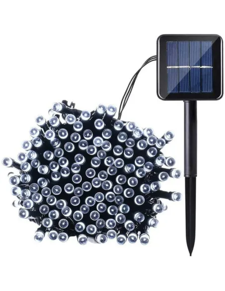 Instalatie solara decorativa, 100 LED-uri, alb rece, 12 m, 2 moduri iluminare