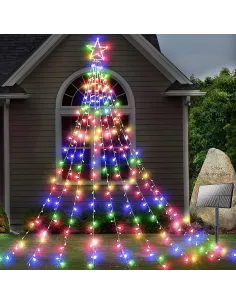 Instalatie solara perdea cu varf stea, 350 led , 9 franjuri, telecomanda,  multicolor