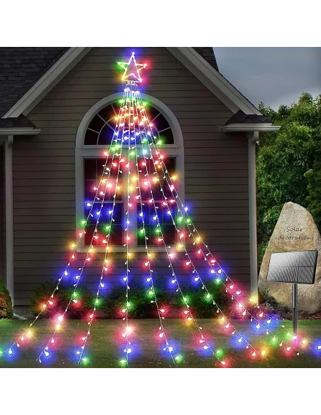Instalatie solara perdea cu varf stea, 350 led , 9 franjuri, telecomanda,  multicolor