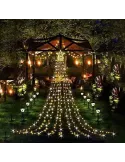 Instalatie solara perdea cu varf stea, 350 led , 9 franjuri, telecomanda, multicolor