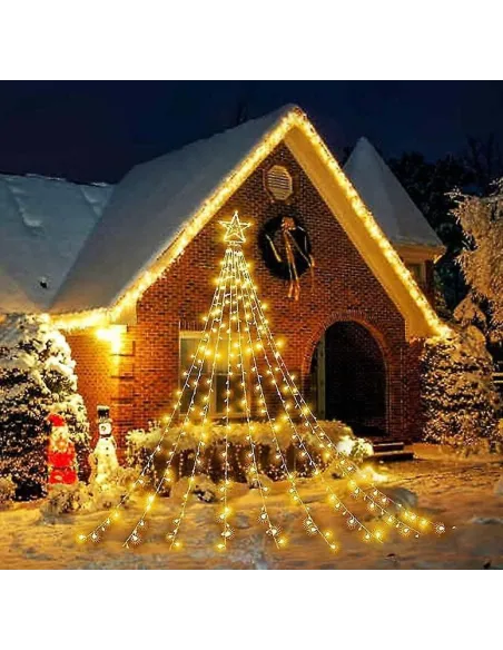 Instalatie solara perdea cu varf stea, 350 led , 9 franjuri, telecomanda,  multicolor