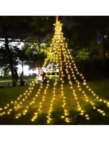 Instalatie solara perdea cu varf stea, 350 led , 9 franjuri, telecomanda,  multicolor