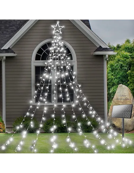 Instalatie solara perdea cu varf stea, 350 led , 9 franjuri, telecomanda,  multicolor