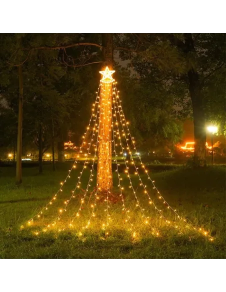 Instalatie solara perdea cu varf stea, 350 led , 9 franjuri, telecomanda,  multicolor