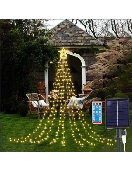 Instalatie solara perdea cu varf stea, 350 led , 9 franjuri, telecomanda,  multicolor