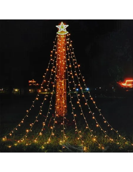 Instalatie solara perdea cu varf stea, 350 led , 9 franjuri, telecomanda,  multicolor