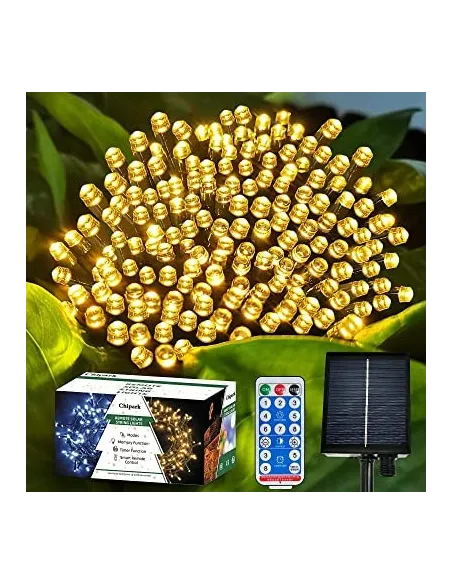 Instalatie solara decorativa, 200 LED-uri, alb cald, 22 m, telecomanda, panou solar mare