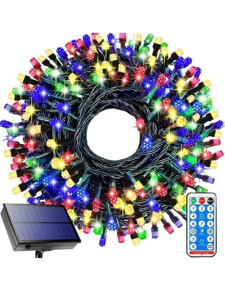 Instalatie solara decorativa, 200 LED-uri, alb cald, 22 m, telecomanda, panou solar mare