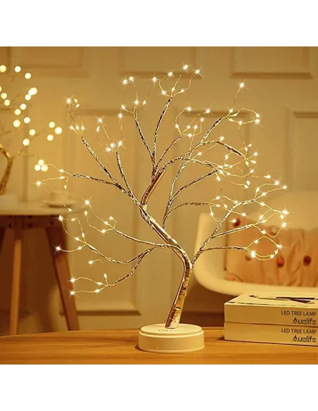Bonsai artifical argintiu , incarcare USB si Baterii AAA ,108 led-uri alb cald