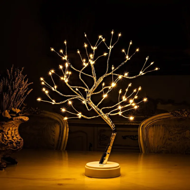 Bonsai artifical argintiu , incarcare USB si Baterii AAA ,108 led-uri alb cald