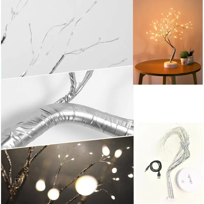 Bonsai artifical argintiu , incarcare USB si Baterii AAA ,108 led-uri alb cald