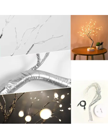 Bonsai artifical argintiu , incarcare USB si Baterii AAA ,108 led-uri alb cald