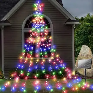 Instalatie solara perdea cu varf stea, 350 led , 9 franjuri, telecomanda, diverse culori