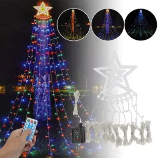 Instalatie solara perdea cu varf stea, 350 led , 9 franjuri, telecomanda, diverse culori 2