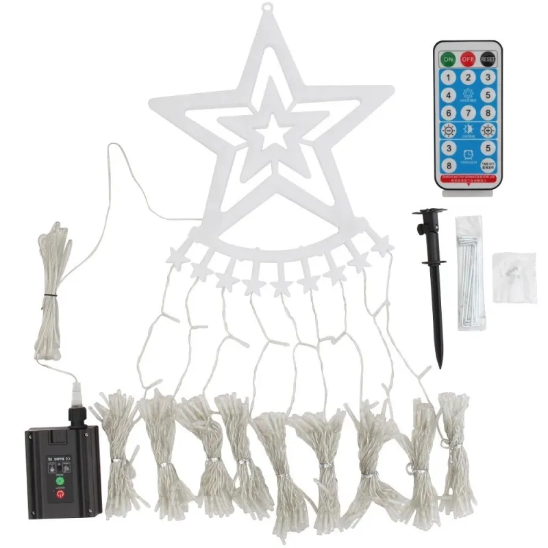 Instalatie solara perdea cu varf stea, 350 led , 9 franjuri, telecomanda, diverse culori