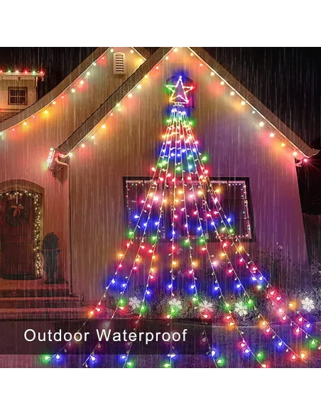 Instalatie solara perdea cu varf stea, 350 led , 9 franjuri, telecomanda,  diverse culori