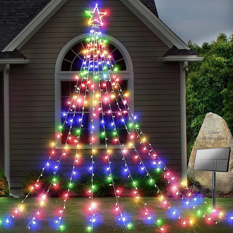 Instalatie solara perdea cu varf stea, 350 led , 9 franjuri, telecomanda, diverse culori