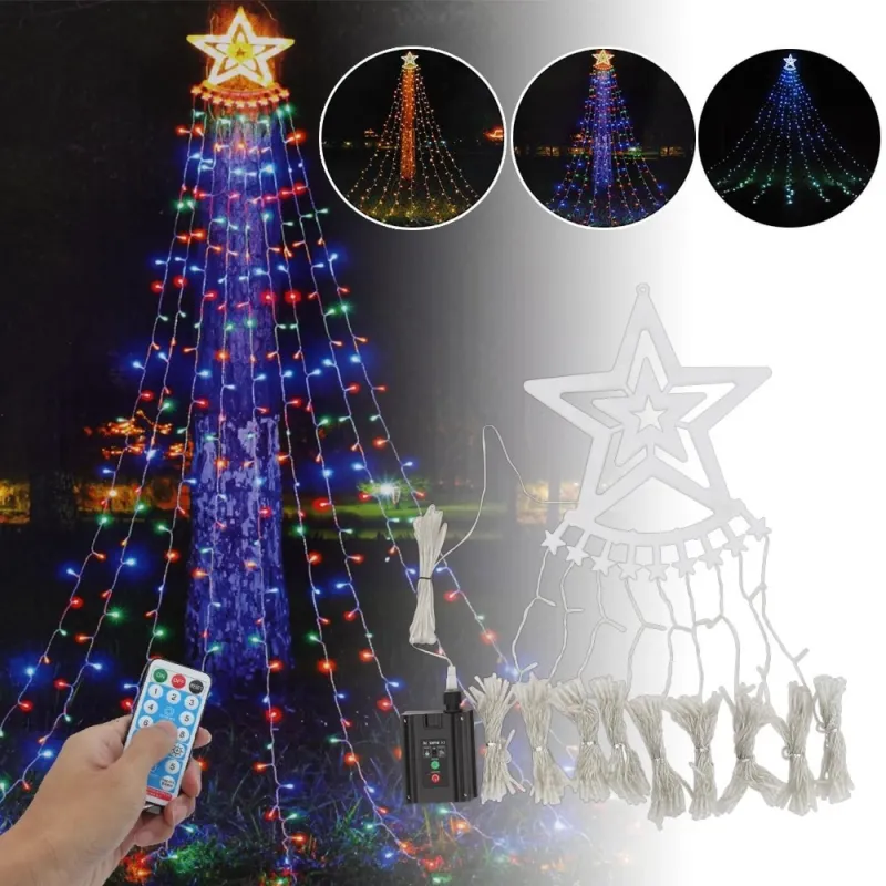 Instalatie solara perdea cu varf stea, 350 led , 9 franjuri, telecomanda, diverse culori