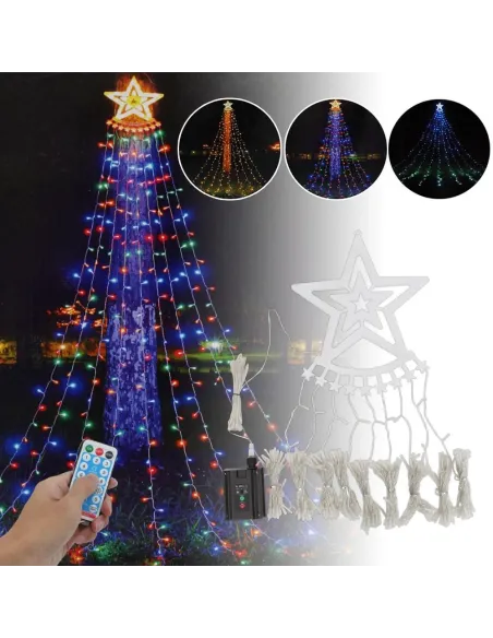 Instalatie solara perdea cu varf stea, 350 led , 9 franjuri, telecomanda,  diverse culori