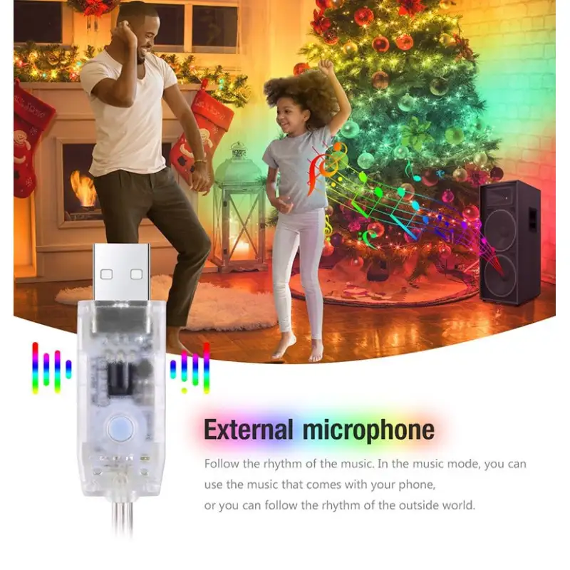 Instalatie Craciun 200 Smart Led, RGB, 20m, APP , telecomanda, USB, jocuri de lumini in functie de ritm muzica