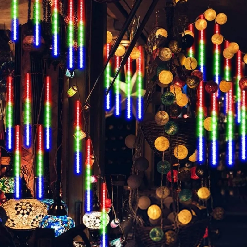 Instalatie tub luminos tip meteorit, 50 cm, 8 tuburi, albastru