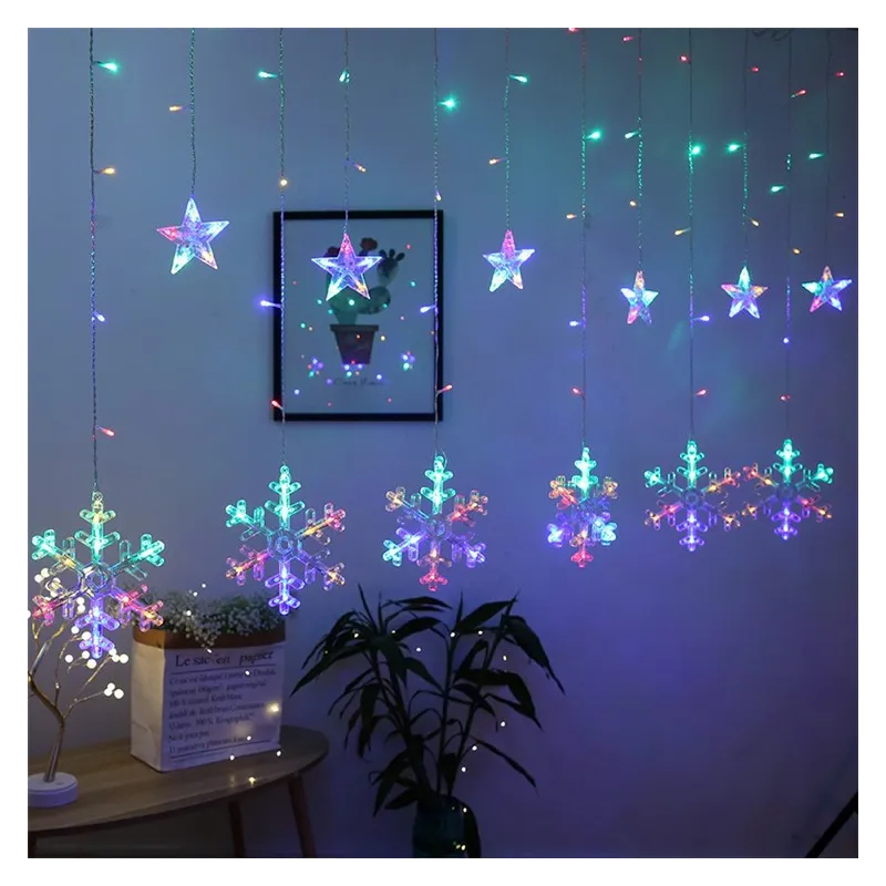 Instalatie perdea cu fulgi si stele, 3x1m, alb