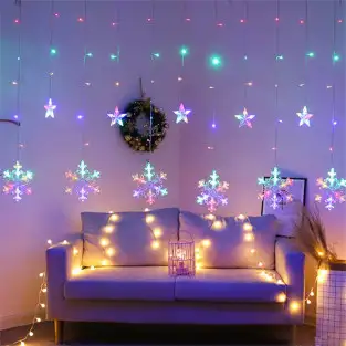 Instalatie perdea cu fulgi si stele, 3x1m, alb