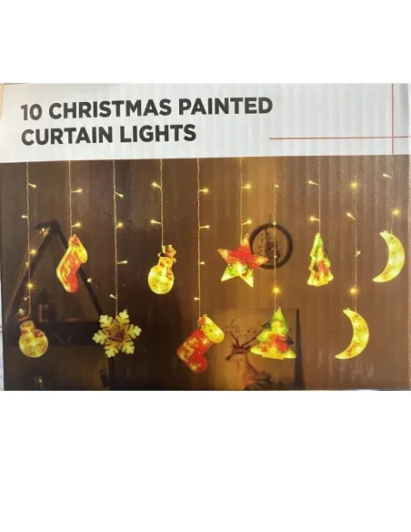 Perdea LED de Crăciun 3 metri, cu 10 figurine festive: Stea, Fulg de Nea și Moș. Disponibilă alb cald sau multicolor, interconec
