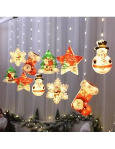 Perdea LED de Crăciun 3 metri, cu 10 figurine festive: Stea, Fulg de Nea și Moș. Disponibilă alb cald sau multicolor, interconec 2