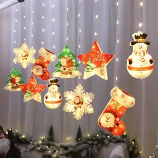 Perdea LED de Crăciun 3 metri, cu 10 figurine festive: Stea, Fulg de Nea și Moș. Disponibilă alb cald sau multicolor, interconec 2
