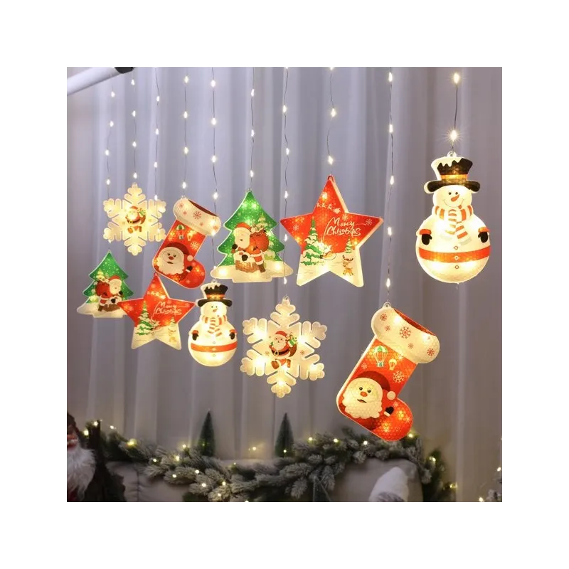 Perdea LED de Crăciun 3 metri, cu 10 figurine festive: Stea, Fulg de Nea și Moș. Disponibilă alb cald sau multicolor, interconec