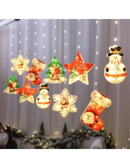Perdea LED de Crăciun 3 metri, cu 10 figurine festive: Stea, Fulg de Nea și Moș. Disponibilă alb cald sau multicolor, interconec