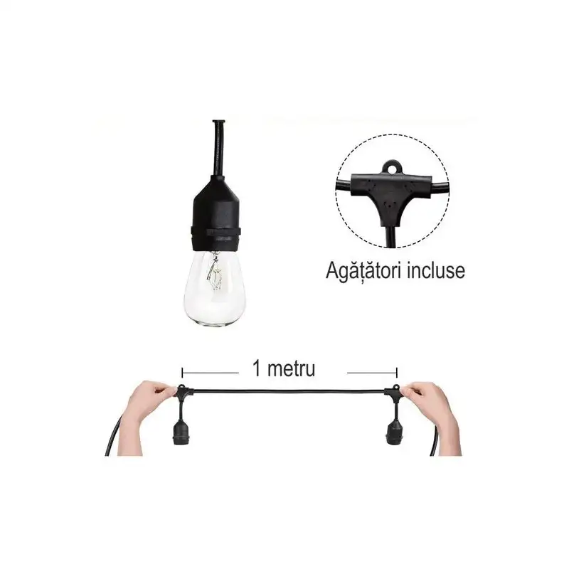Ghirlanda Luminoasa, 10 Metri cu 10 Becuri, interconectabila, 2 filamente pe bec, 220V