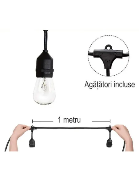 Ghirlanda Luminoasa, 10 Metri cu 10 Becuri, interconectabila, 2 filamente pe bec, 220V