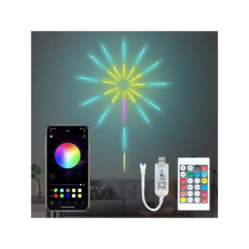 Instalatie Artificii LED Smart, RGB Muzica, telecomanda si control din smartphone, multicolor