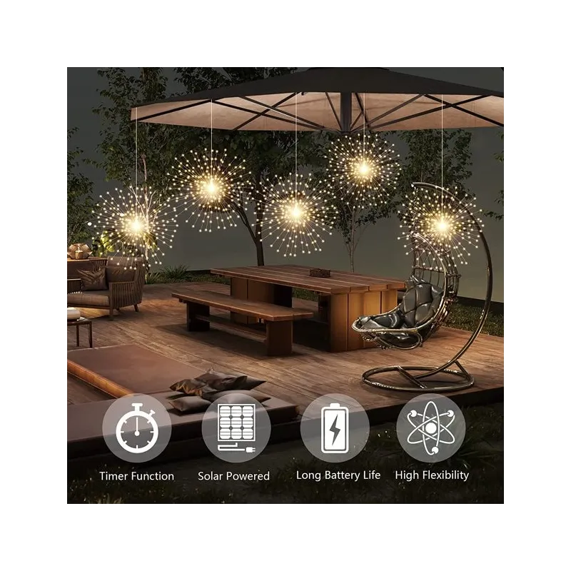Set 5 artificii solare , 5x 100 LED fir cupru, telecomanda ,culoare alb cald