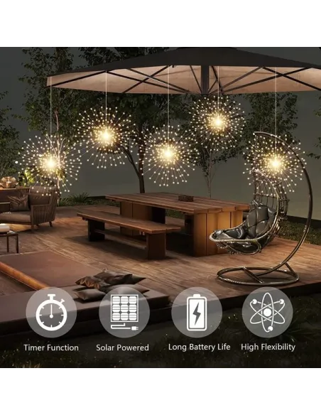 Set 5 artificii solare , 5x 100 LED fir cupru, telecomanda ,culoare alb cald