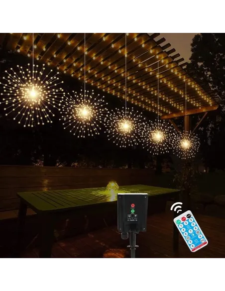 Set 5 artificii solare , 5x 100 LED fir cupru, telecomanda ,culoare alb cald
